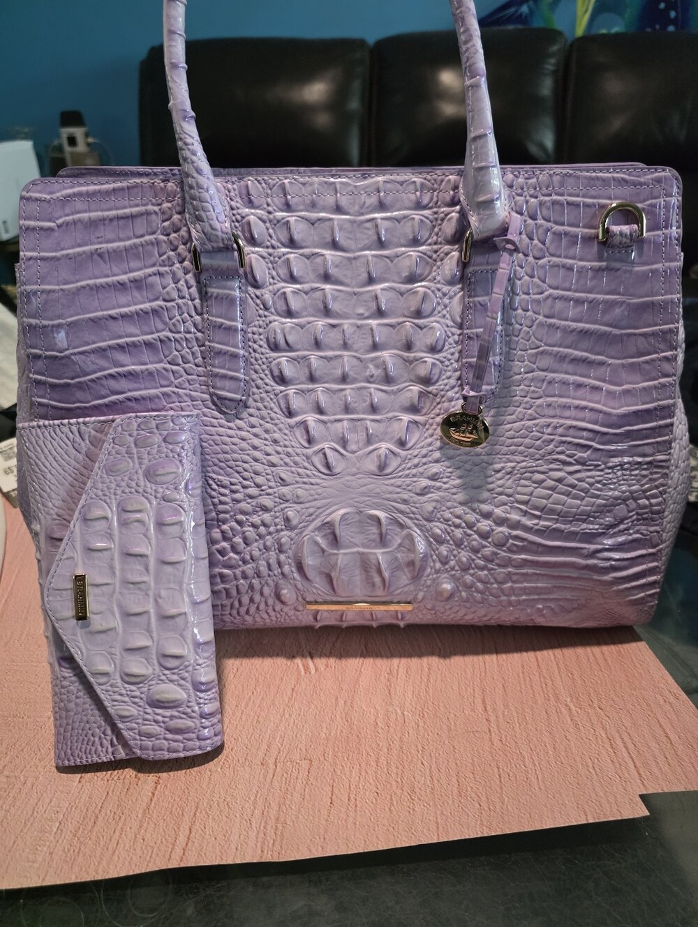 New Brahmin Lavender Croc-Embossed Carryall Finley Set